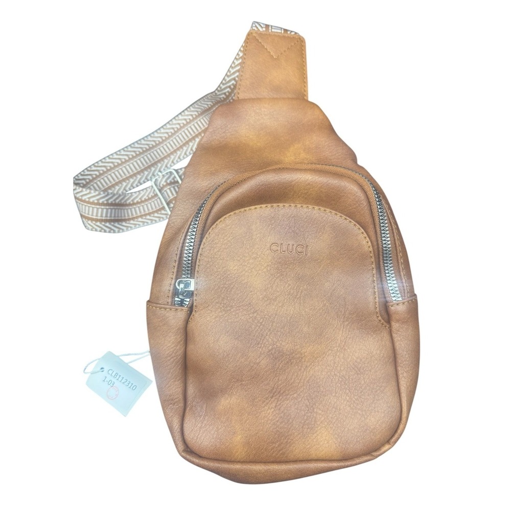 CLUCI Sling Bag Cognac Brown Vegan Leather Crossbody Chest Pack‎ Strap NEW